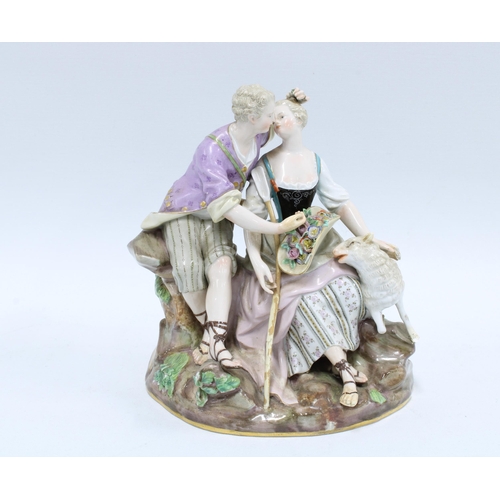 91 - 19th century Meissen porcelain figure group of a shepherdess and companion, blue crossed swords mark... 