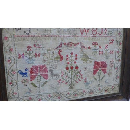 469 - 19th century alphabet needlework sampler, worked by Mary Johnston, Aged 10, framed under glass, size... 