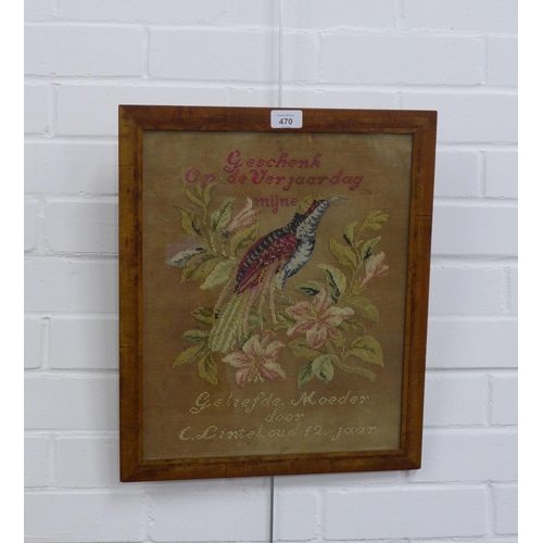 470 - Dutch tapestry with bird and foliage, translated  'A gift on your birthday, my beloved Mother'  fram... 