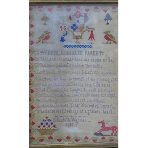 471 - Needlework sampler worked by Elizabeth Warman, Aged 7, framed under glass, size overall 45 x 58cm