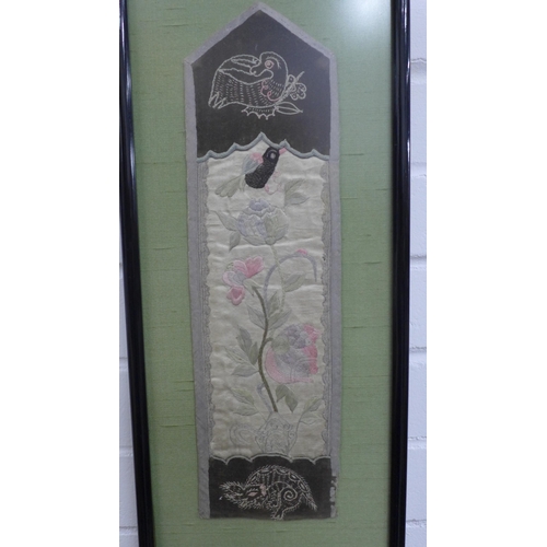 472 - Chinese embroidered collar within a glazed frame together with an embroidered chinoiserie panel, als... 