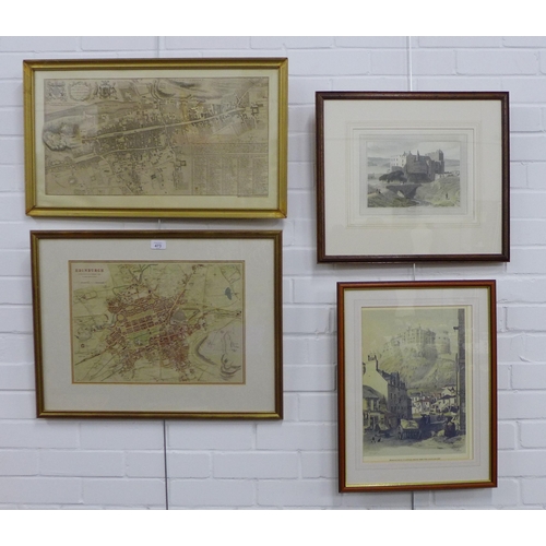 473 - Edinburgh framed map and another, William Daniell print of Dunvegan castle and another (4)