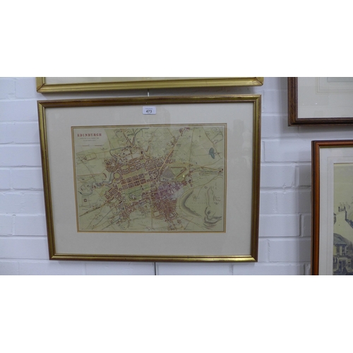 473 - Edinburgh framed map and another, William Daniell print of Dunvegan castle and another (4)