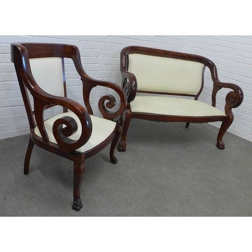 260 - Modern mahogany framed two seater settee and matching armchair, upholstered in cream faux leather, (... 