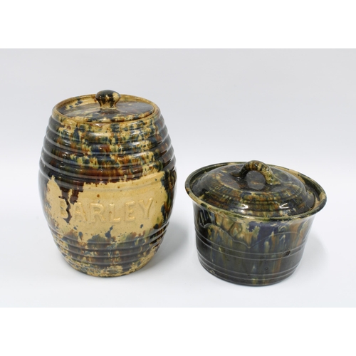 100 - Scottish pottery Barley jar and cover and a Scottish pottery circular pot with cover, 20cm  (2)