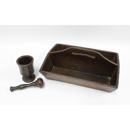 105 - Georgian oak cutlery tray with two divisions and a handle to top, together with a dark oak pestle an... 