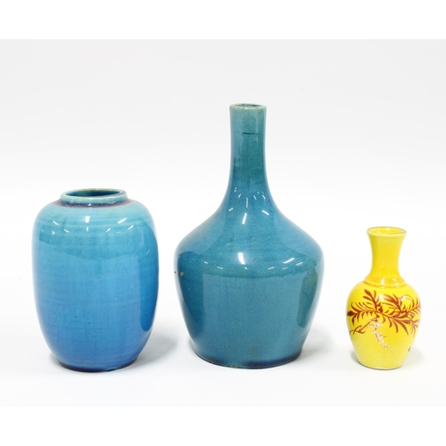 114 - 19th century Chinese miniature turquoise glazed vases and another in yellow with red flowers, 12cm  ... 