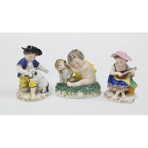 121 - Three miniature English porcelain figures, gold anchor marks, 7cm  (3)