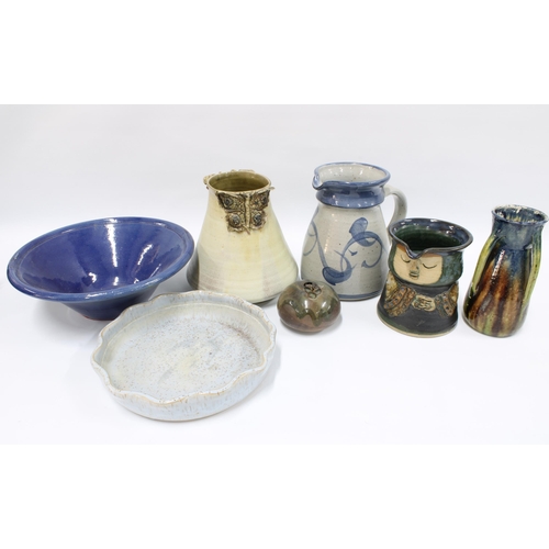 123 - A collection of studio pottery vases and dishes and an early 20th century vase, 20cm high (7)