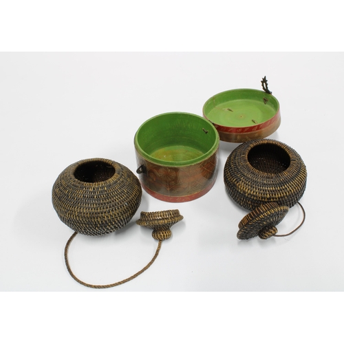 126 - Two South East Asian baskets and a chinoiserie wooden tub with cover, 7cm high  (3)