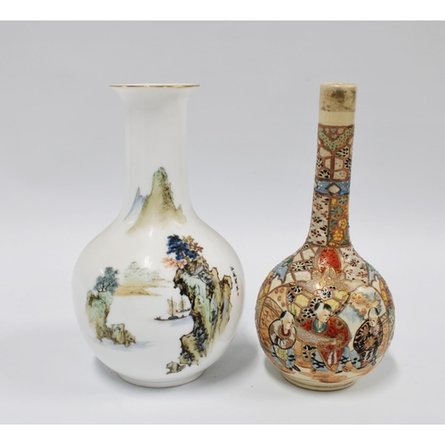 129 - Japanese earthenware vase and a Chinese white glazed vase with river scene, 19cm  (2)