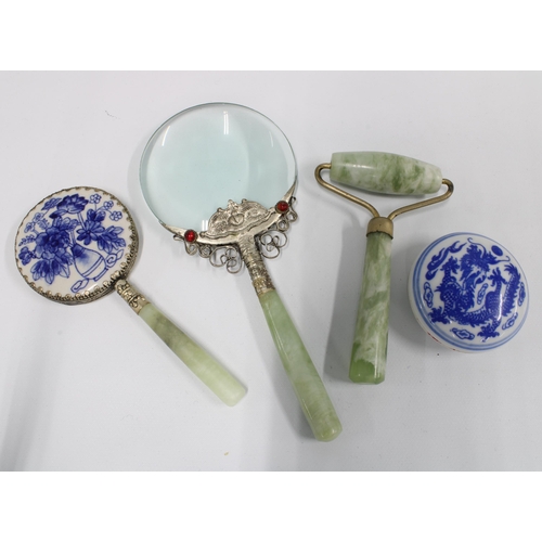 130 - Chinese blue and white rouge pot, jadeite roller and magnifying glass, 18cm and a small mirror (4)