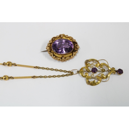 21 - 9ct gold brooch, 9ct gold amethyst pendant on a yellow metal chain and a 9ct gold trace link chain (... 