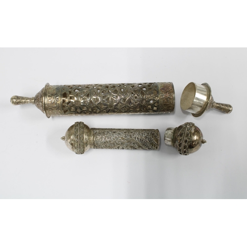 26 - White metal scroll holder of pierced cylindrical form with one detachable end, 20cm long, together w... 