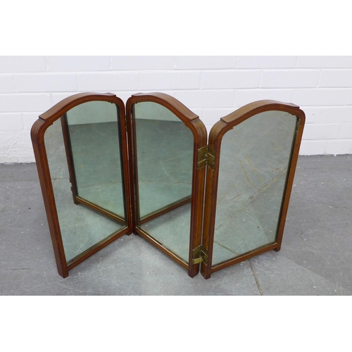 292 - Walnut and inlaid triptych table-top mirror, with two way hinges, likely by Whytock and Reid. Each s... 