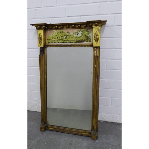 296 - Giltwood pier mirror with painted landscape top panel, (a/f with one figurehead lacking) , 80 x 52cm