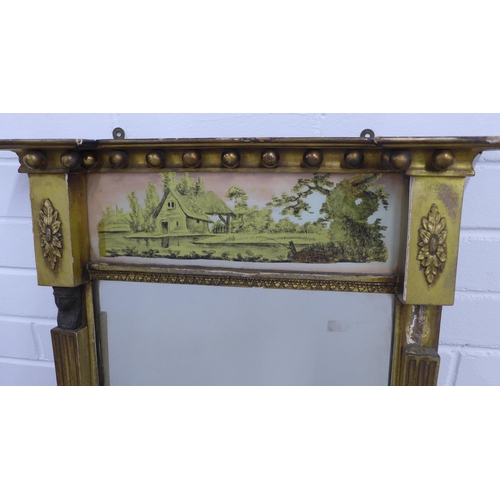 296 - Giltwood pier mirror with painted landscape top panel, (a/f with one figurehead lacking) , 80 x 52cm