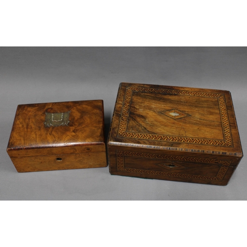 302 - 19th century rosewood and parquetry inlaid box together with a walnut box with brass initials (2)