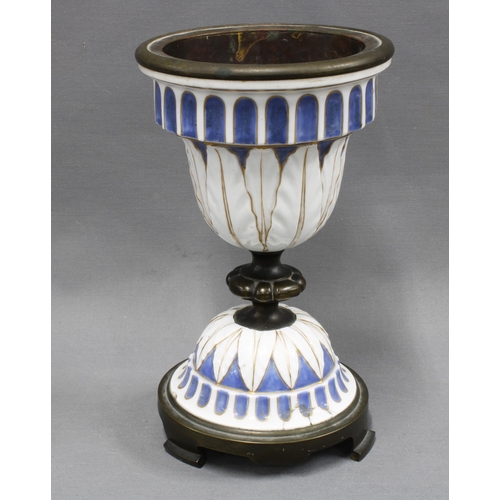 305 - Bronze urn with porcelain mounts. 27 x 16cm. (A/F)