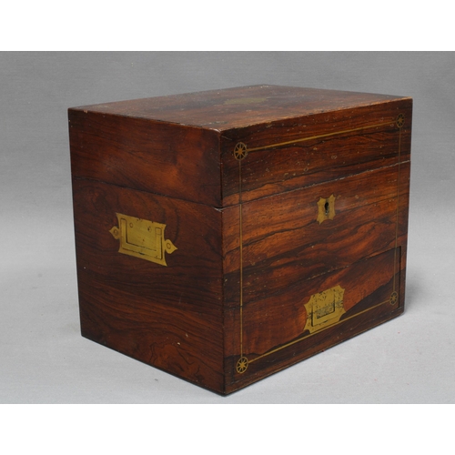 307 - 19th century rosewood and brass inlaid decanter box, the hinged lid opening to reveal a set of three... 