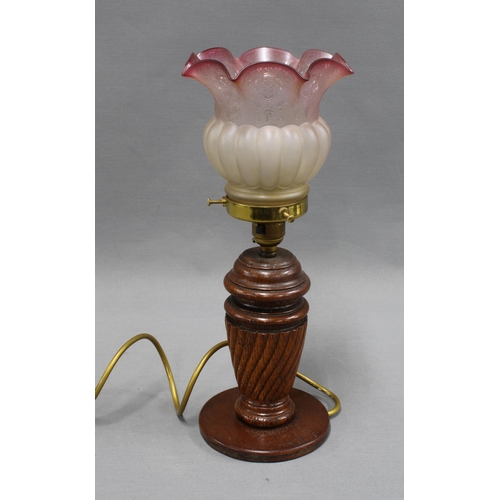 314 - Oak table lamp the glass shade etched with a ruby frilled rim, 36cm.