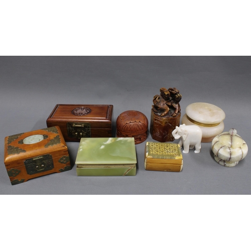 331 - A collection of mixed wooden and hardstone boxes together with a large chinoiserie seal with an  oct... 