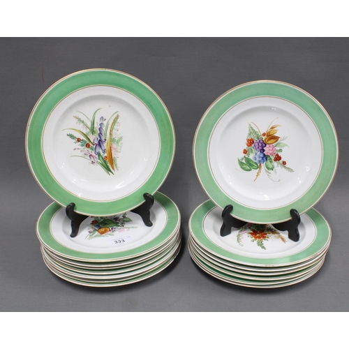 333 - Set of fourteen 19th century English plates with green borders and hand painted floral sprays (14)