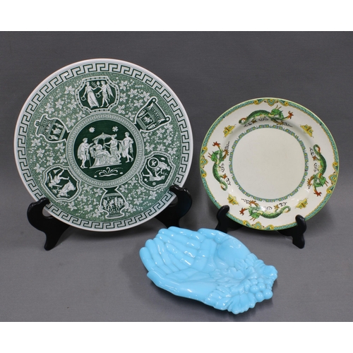 335 - Blue glass hands dish, 19cm long, Mintons plate and a Spode Archive Collection stand (3)