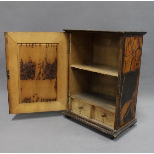 336 - Pokerwork cabinet with two small drawers and shelves to the interior, raised on four bun feet 36 x 2... 