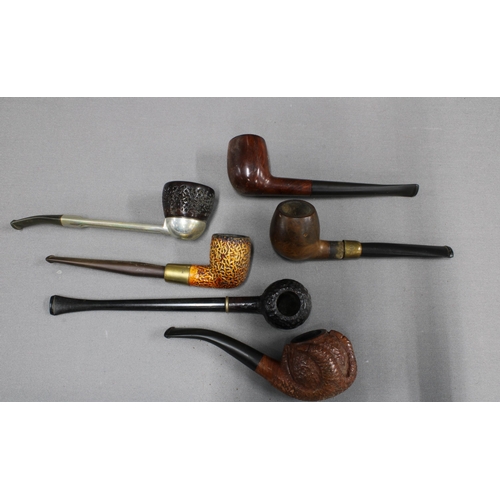 337 - An Edwardian oak and glass pipe cabinet, 32cm,  together with a collection of briar pipes to include... 