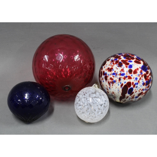 339 - A collection of coloured glass witches balls, to include cranberry glass & Bristol blue, largest is ... 