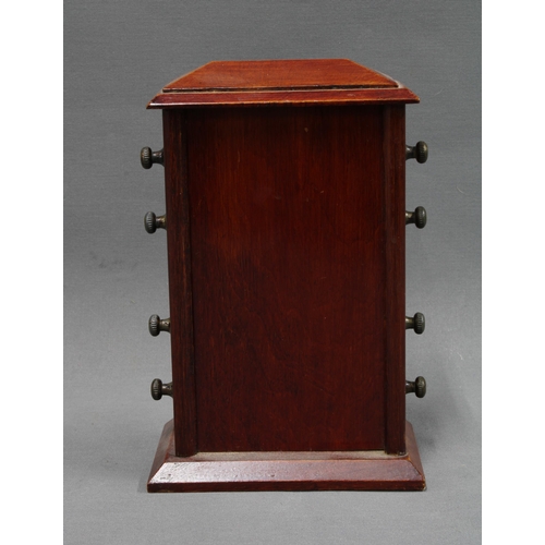 341 - Mahogany cased perpetual desk calendar with glazed panel and operating nozzles on sides, 22cm