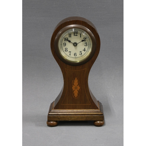 342 - Mahogany and inlaid clock of small proportions, with Arabic numerals and raised on bun feet, 16cm