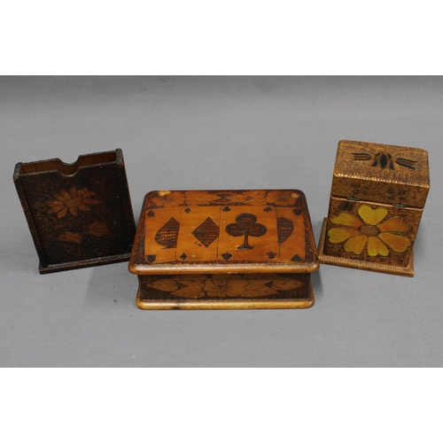 347 - Pokerwork card box containing a set of cards, a pokerwork playing cards box with cards, 18 x 13cm,  ... 