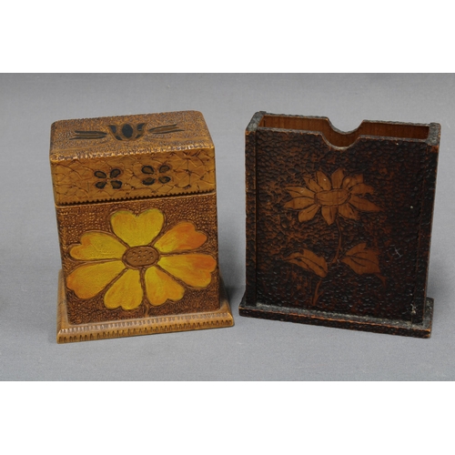 347 - Pokerwork card box containing a set of cards, a pokerwork playing cards box with cards, 18 x 13cm,  ... 