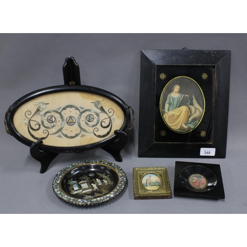 348 - Mixed lot to include a verre eglomise frame with coloured print, a small ebonised tray with an oval ... 