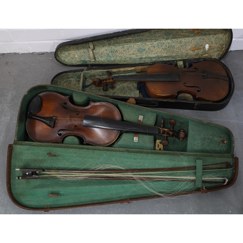 351 - Violin, 30cm back and 56cm overall, with wooden case together with another violin, back is 36cm and ...