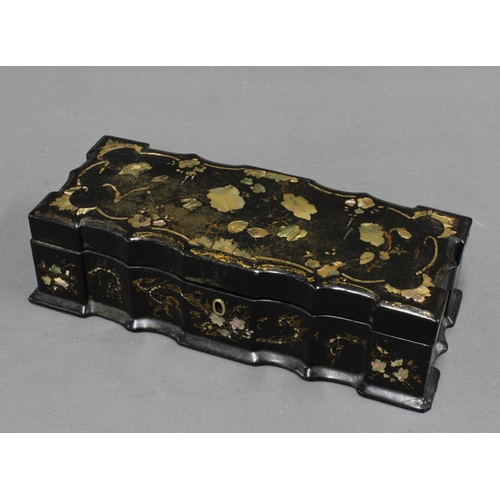 358 - Victorian papier mache and abalone box of rectangular scalloped form, hinged lid and void interior, ... 