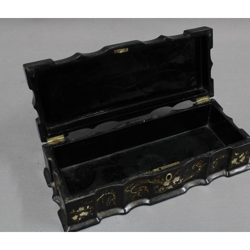 358 - Victorian papier mache and abalone box of rectangular scalloped form, hinged lid and void interior, ... 