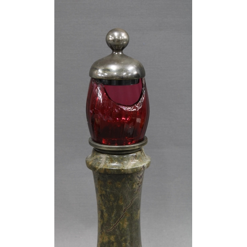 359 - Serpentine stone nightlight / table lamp with granite base and cranberry glass shade, metal cover wi... 