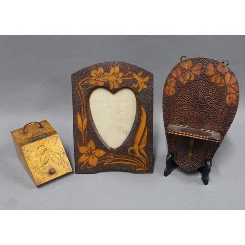 361 - Collection of late 19th / early 20th century pokerwork to include a photograph frame, wall shelf and... 