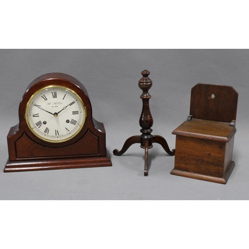 362 - W. Widdop mahogany mantle clock, oak wall mounted salt box and a turned mahogany stand, tripod legs,... 