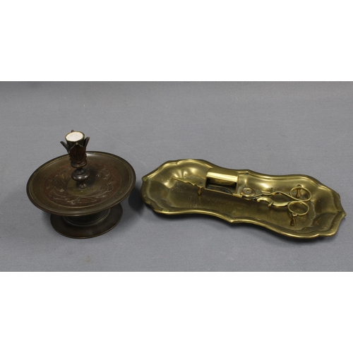 365 - Art Nouveau style bronzed metal candlestick, the drip tray with stylised leaf and flowerhead pattern... 