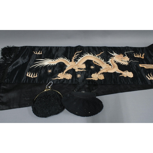 373 - Chinese embroidered black silk runner / scarf with dragon and pearl of wisdom pattern with fringed e... 