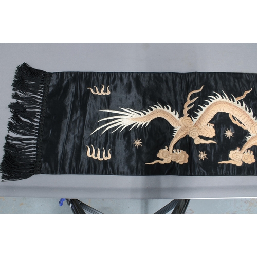 373 - Chinese embroidered black silk runner / scarf with dragon and pearl of wisdom pattern with fringed e... 