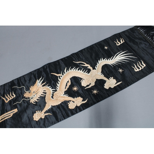 373 - Chinese embroidered black silk runner / scarf with dragon and pearl of wisdom pattern with fringed e... 