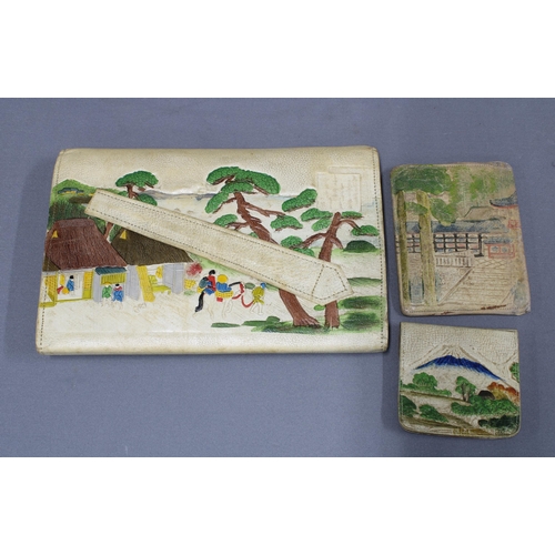 374 - Vintage Japanese leather clutch handbag with a procession of figures and pagodas pattern, together w... 