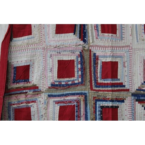 375 - Mid 19th century American Log Cabin Patchwork Quilt, incorporating beige cross patches with multiple... 