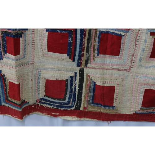 375 - Mid 19th century American Log Cabin Patchwork Quilt, incorporating beige cross patches with multiple... 