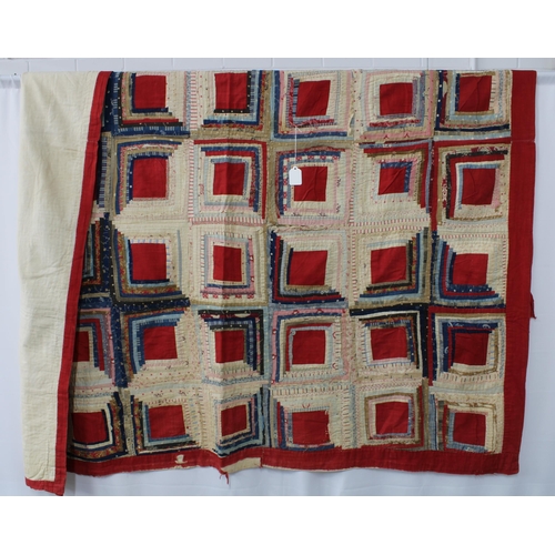 375 - Mid 19th century American Log Cabin Patchwork Quilt, incorporating beige cross patches with multiple... 